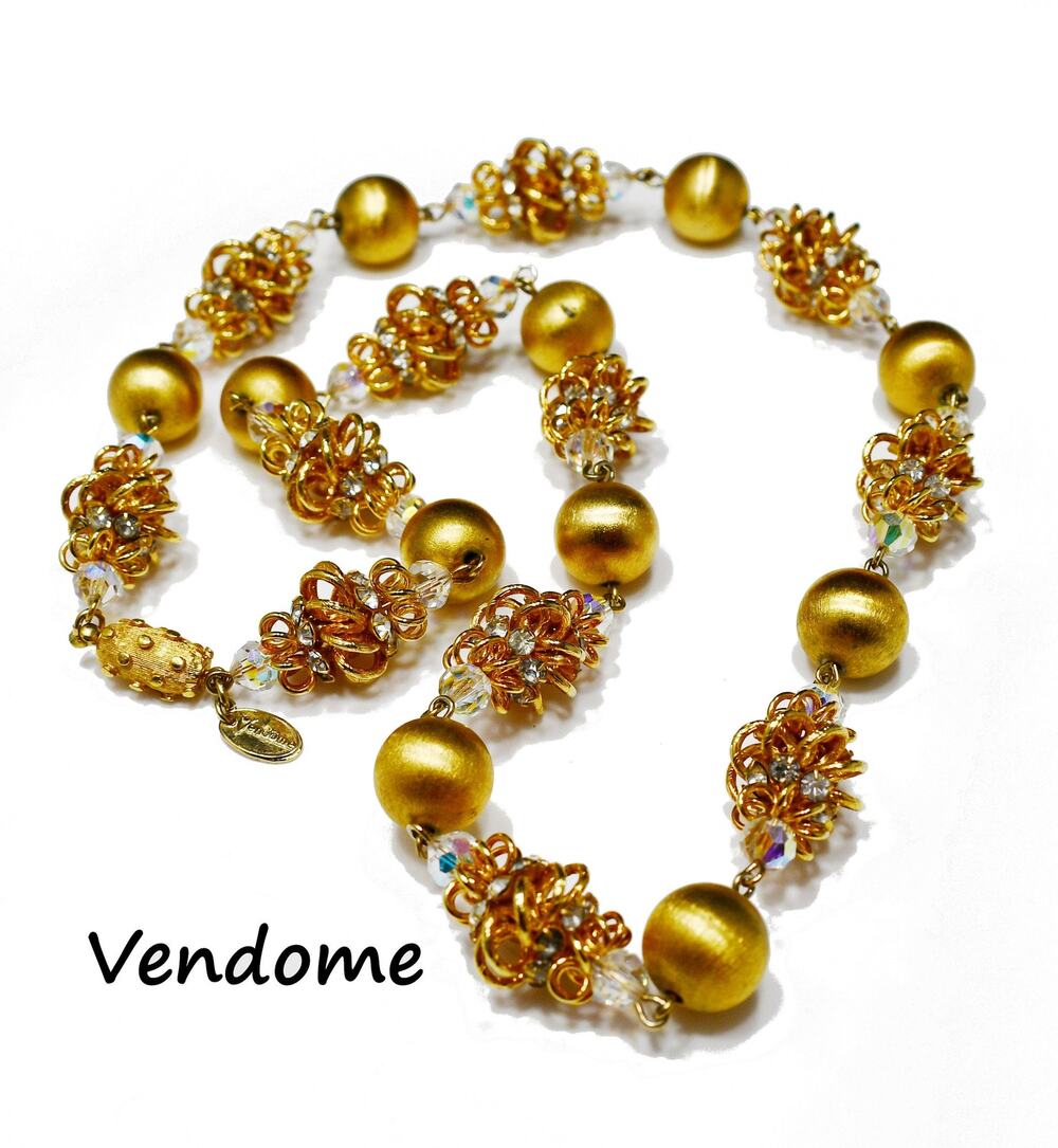 Vendome 1950s Gold Satin & Crystal Cage Bead Necklace